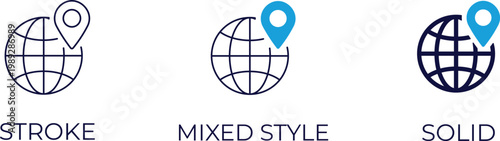 Globe location icons for map navigation, GPS tracking, IP address locator, and global position in editable stroke, outline, and solid styles.