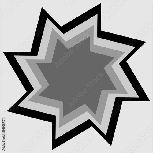 Bold black outlined eight-pointed star with layered concentric gray gradient rings creating striking geometric depth effect on clean white background.