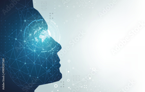 Artificial intelligence human face with global network technology concept background
