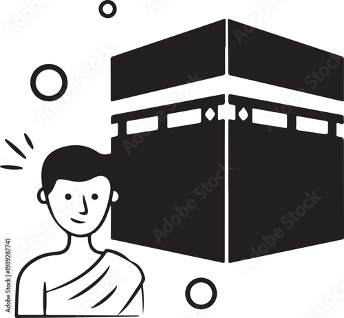 Kaaba, pilgrim with a thoughtful expression mecca islam cube