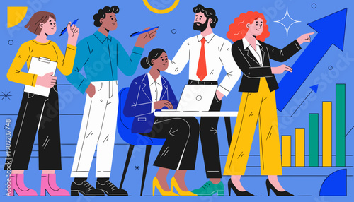 A stylized flat vector illustration of a diverse professional team collaborating in a modern office setting. It features five characters including individuals using a laptop, holding a clipboard.
