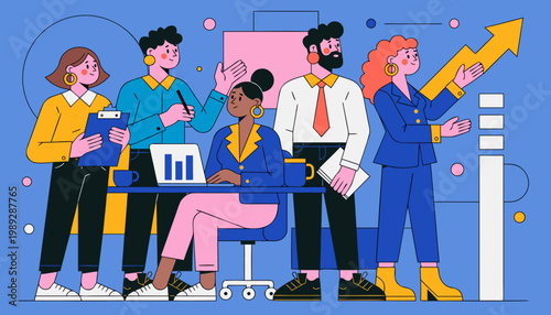 Illustrated office teamwork scene with five people collaborating around a laptop and growth arrow.