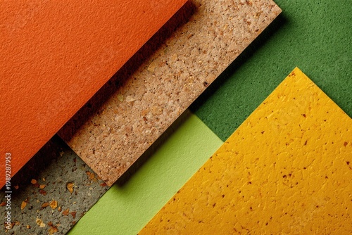 A vibrant and textured composition showcases a variety of materials including cork, felt, and painted surfaces arranged in a dynamic, geometric pattern.