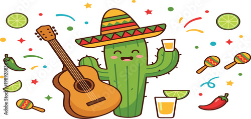 Cute cactus character wearing sombrero with tequila shots guitar maracas and chili peppers for Cinco de Mayo fiesta celebration vector.