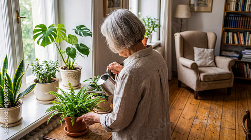 Фотография Elderly woman with gray hair watering green potted plants on a bright windowsill in a cozy living room