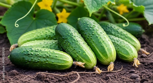 Fresh green cucumbers in garden.