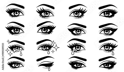 Pop art comic female eyes vector set black and white glamorous opened closed wink eyes with eyelashes design template