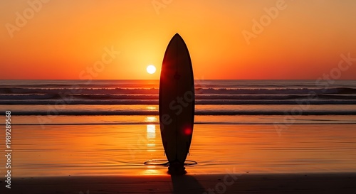 Surfboard, sunset beach, ocean waves, silhouette, warm colors