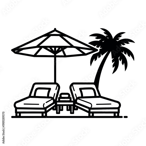 Beach Chairs Umbrella Palm Tree Vacation Illustration.