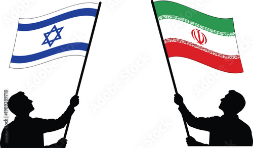 Silhouettes of people holding Israeli and Iranian flags facing each other, geopolitical tension concept, international conflict symbolism, Middle East relations, political confrontation isolated on 