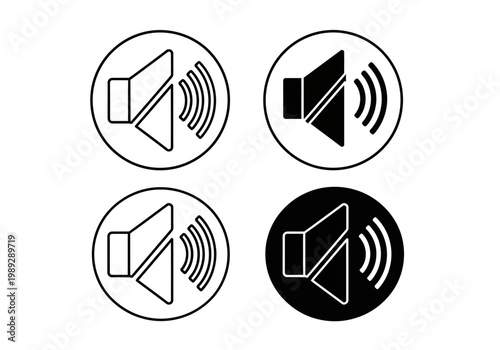 Set of Volume Speaker Icons for UI Design, Minimalist Audio Sound Control Symbols in Circle Frames, Vector Graphics for Apps and Websites