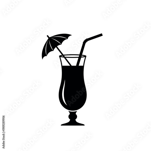 Silhouette of a Tropical Cocktail with Umbrella and Straw.