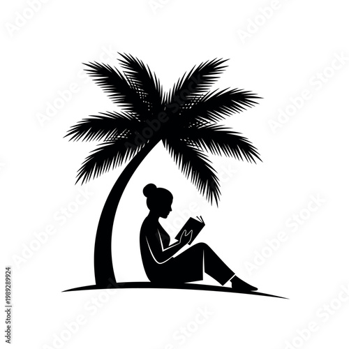 Silhouette of a Woman Reading Under a Palm Tree on a Beach.