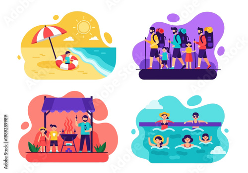 Summer Vacation Activities Flat Vector Illustration Set: Hiking, Swimming, Beach, and BBQ Barbecue Scenes