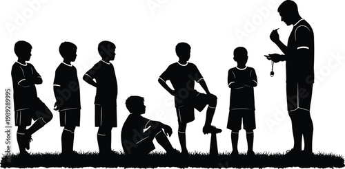 Youth soccer team listening to coach instruction during training session, children standing and sitting on field with whistle guidance, teamwork discipline and sports education concept