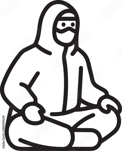 Ninja in seated meditation, with mask and hood