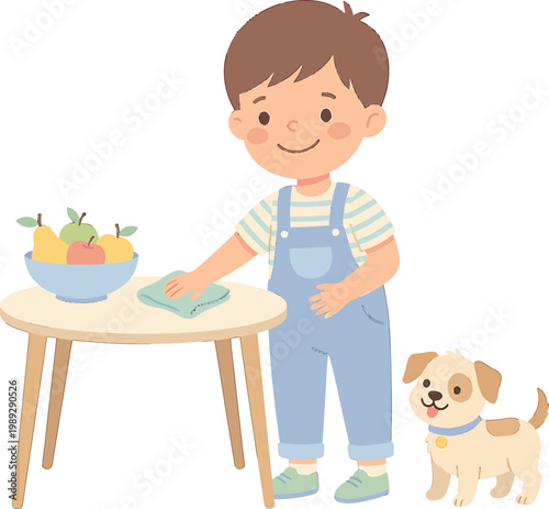 Cheerful cartoon boy happily doing his household chore, wiping a wooden table next to his cute puppy friend