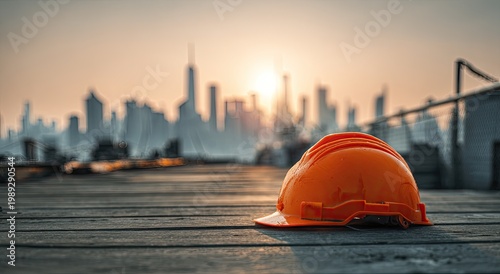 Orange hard hat on wooden surface with city skyline background