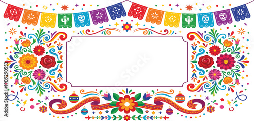 Mexican fiesta horizontal frame with papel picado sugar skulls floral ornaments and copy space for Cinco de Mayo or Day of the Dead.