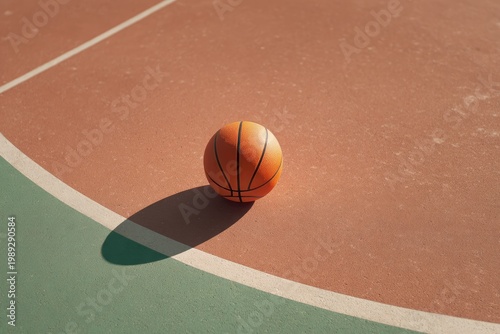 Basketball resting on an outdoor court during a sunny day.