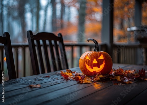 Spooky Jack O Lantern Pumpkin on a Table Surrounded by Autumn Leaves.