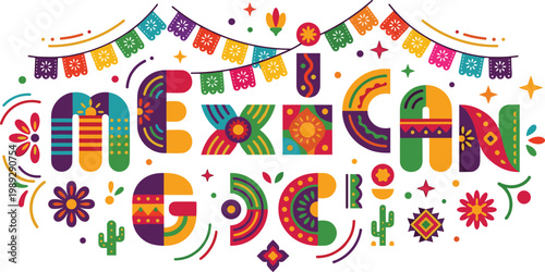 Mexican food vector illustration with colorful geometric lettering papel picado flags and floral icons for Cinco de Mayo restaurant menu design.