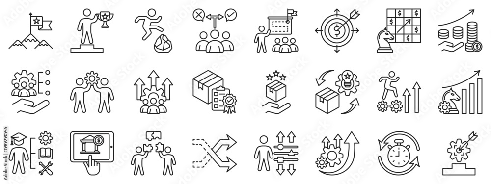 Obraz premium Business strategy, growth and achievement icon set. Duotone color icon including goal, teamwork, productivity, profit, investment, management, planning, development, success, performance, innovation