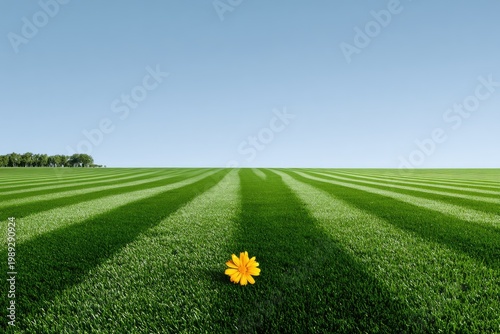 A vibrant, meticulously manicured field of green grass stretches towards the horizon under a clear blue sky, featuring a single yellow flower in the foreground.