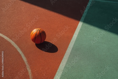 Basketball resting on an outdoor court with dramatic shadows.