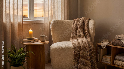 Fotografie A warm, inviting armchair with a cozy blanket, side table, flickering candle, and a mug creates a peaceful scene