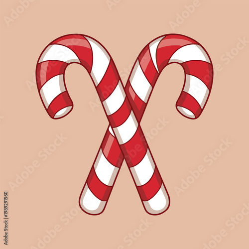 Two crossed Christmas candy canes, festive red and white striped peppermint holiday treat, vector illustration isolated on soft background. 