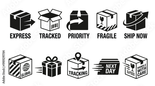 Set of shipping and logistics icons for e-commerce delivery services featuring express tracked priority fragile ship now global next day tracking and handle with care package symbol set