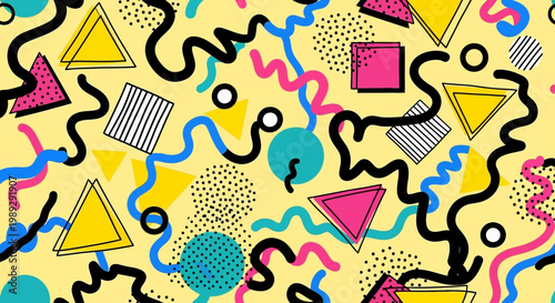 Retro 90s Memphis Style Seamless Pattern with Geometric Shapes and Wavy Lines