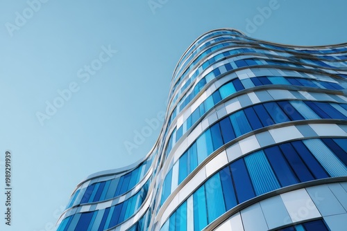 A striking low-angle perspective showcases a modern, curved building with a predominantly blue glass facade against a clear, light blue sky.