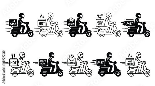 Food delivery service icons set featuring couriers on scooters with fast shipping labels like hot food, thirty minute delivery, order now button, and express transport vector symbols pack graphics