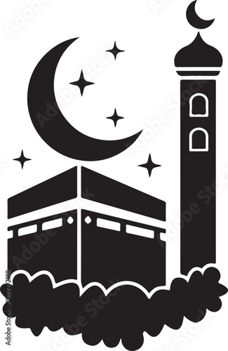 Silhouette of the kaaba and minaret under crescent moon and stars islamic architecture