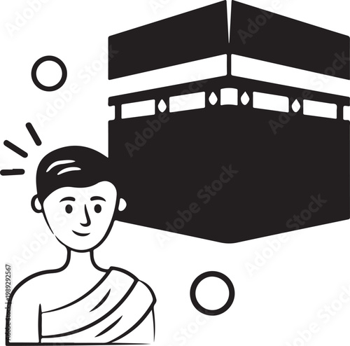 Smiling pilgrim man in ihram near kaaba, mecca