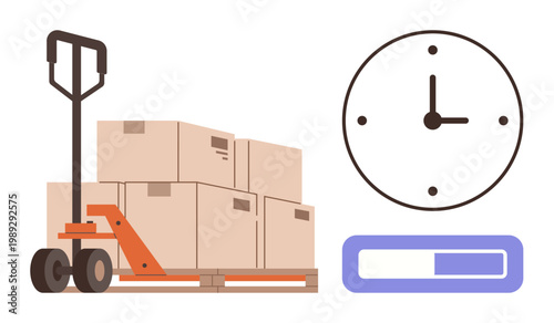 Supply chain, shipment tracking, warehouse storage, packaging, logistics, time management. Hand pallet truck with boxes, clock progress bar. Logistics and shipment tracking concept