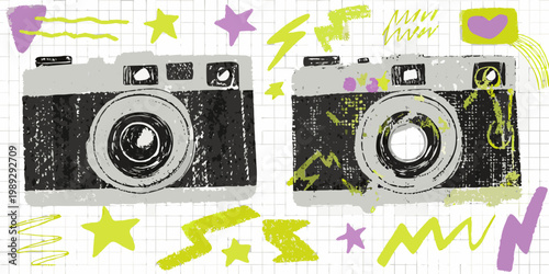 Two vintage cameras illustrated with colorful abstract shapes and lines