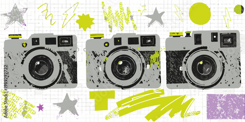 Three vintage cameras with abstract doodles on a grid background