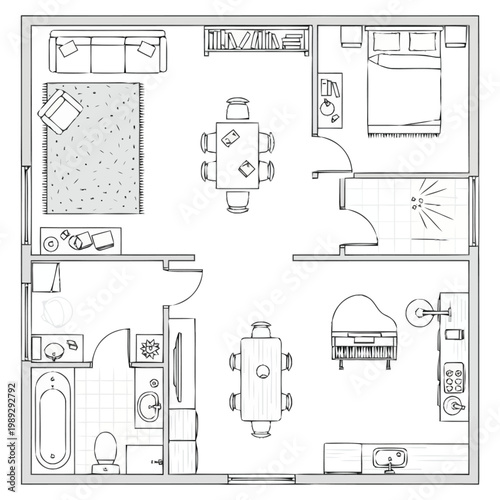 Overhead perspective sketch of a furnished dwelling showing room layout including living space dining area bedroom bathroom and kitchen with furniture placement for renovation or architectural