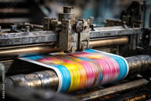 A close-up shot showcases a vibrant, multicolored paper roll being processed by a large, industrial printing press, highlighting the intricate mechanics of the printing process.