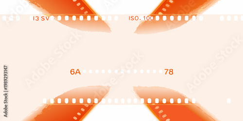 An abstract composition featuring film strips and technical camera data