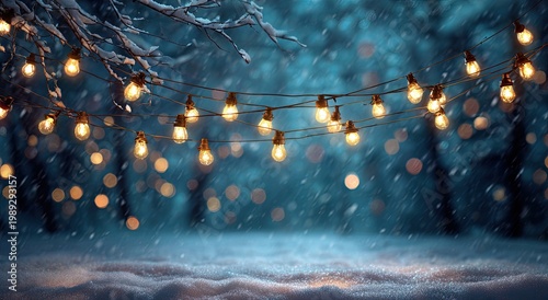 Snowy forest scene with string lights