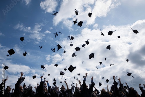 A jubilant scene captures graduates tossing their mortarboards into the air against a backdrop of a bright blue sky dotted with fluffy white clouds, symbolizing celebration and achievement.