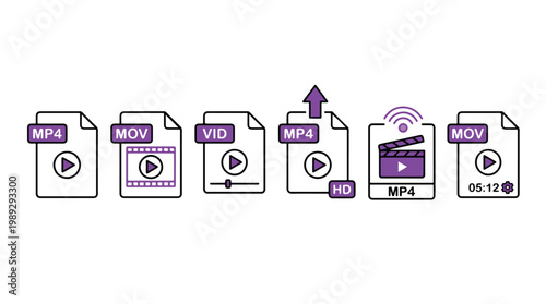 Collection of video file format icons featuring MP4, MOV, and VID extensions with play buttons, upload symbols, clapperboard, and HD badges for digital multimedia content management ui.