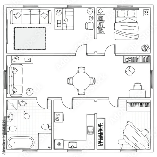 Detailed architectural draft displaying a two bedroom apartment layout featuring separate living areas dining space kitchen bathroom and master bedroom for residential property planning and real