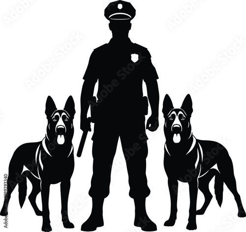 Minimalist black silhouette vector illustration of a police officer standing confidently between two loyal German shepherd K9 dogs, representing law enforcement and security services