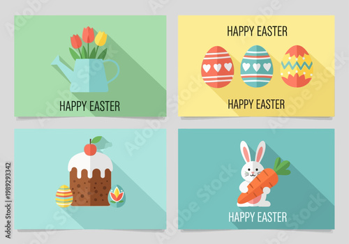 Set of Happy Easter Greeting Cards with Bunny, Colorful Eggs, Tulips, and Easter Cake in Flat Design Style