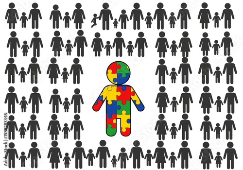 Autism Awareness Concept Featuring a Puzzle Piece Figure Among Traditional Family Silhouettes, Representing Neurodiversity and Inclusion